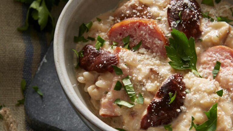 Risotto d&rsquo;épeautre franc-comtois (épeautre, conté et Morteau grillées)